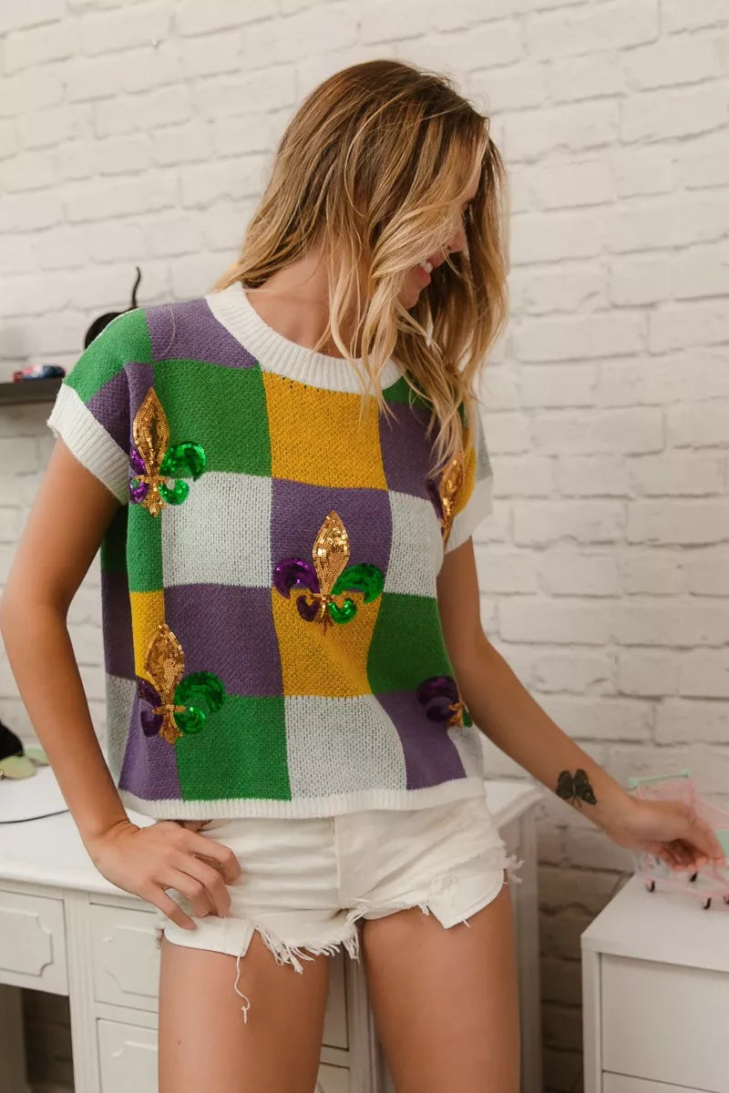 BiBi Sequin Embroidery Mardi Gras Checker Sweater Top