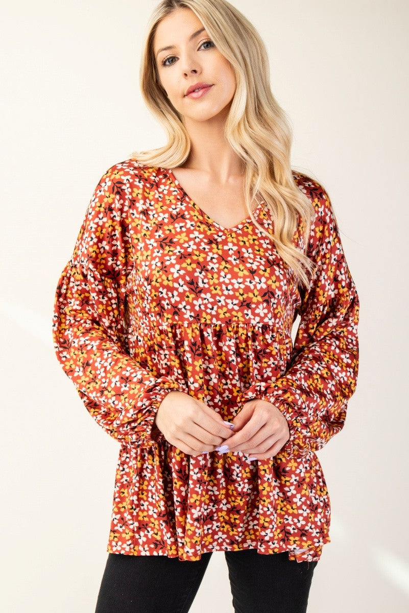 Celeste Floral V-Neck Tiered Balloon Sleeve Blouse in Rust Shirts & Tops