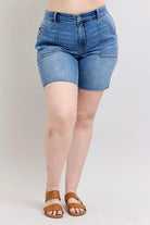 Judy Blue Mid Rise Bermudas Denim Shorts W/ Back Flap Pockets