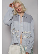 POL Double Gauze Button Down Floral Trim Ruffle Washed Balloon Sleeve Shacket