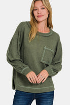 Zenana Dk Olive Exposed Seam Side Slit Long Sleeve Top Dk Olive Trendsi