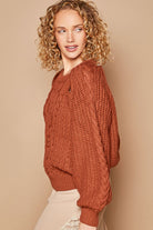 POL Fired Brick Cable Knit Key Hole Cutout Balloon Sleeve Sweater Trendsi