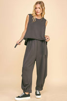 Davi & Dani Charcoal Drawstring Hem Round Neck Tank and Pants Set Charcoal Loungewear Set