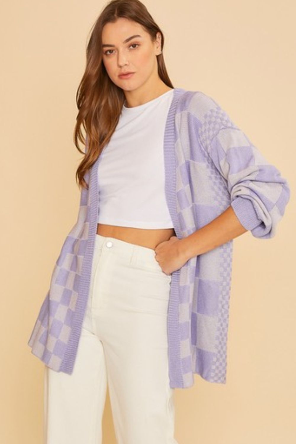 Annie Wear Lavender Checkered Open Front Drop Shoulder Cardigan Lavender