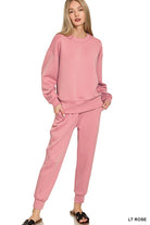 Zenana Brown Scuba Crewneck Pullover & Joggers 2 Piece Set