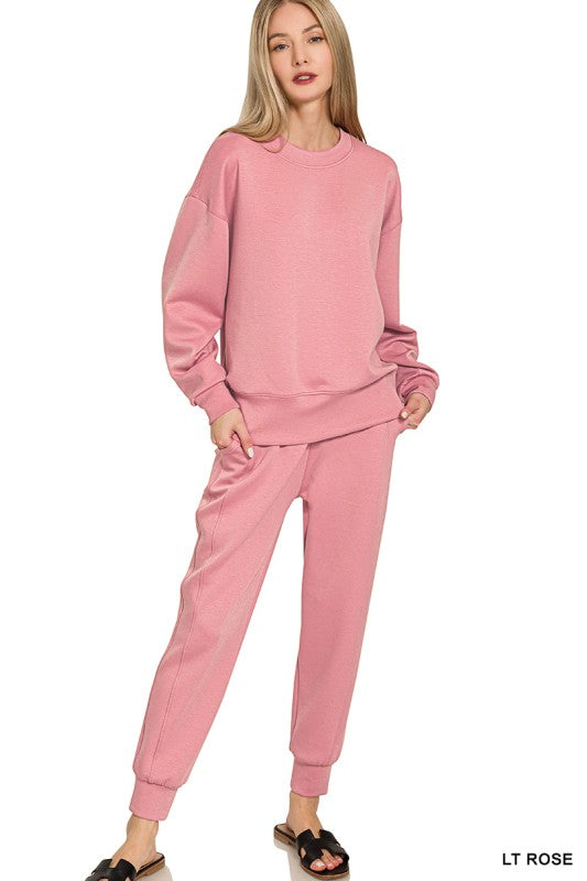 Zenana Brown Scuba Crewneck Pullover & Joggers 2 Piece Set