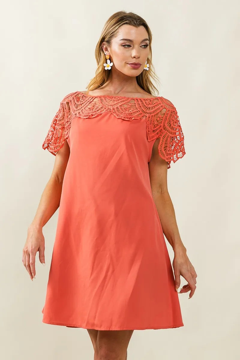 BiBi Apricot Crochet Lace Yoke Detailed Wrinkled Dress
