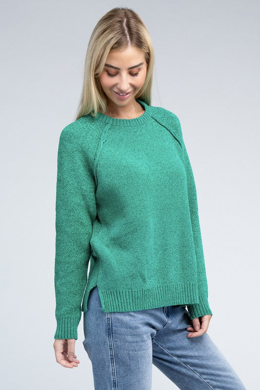 Zenana Raglan Chenille Long Sleeve Sweater K GREEN ZENANA