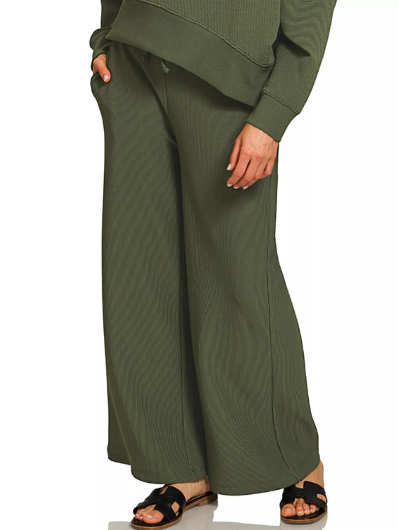 Zenana Dark Olive Ribbed Round Neck Pullover and Drawstring Pants Set