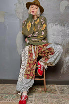 POL Olive Floral Pattern Round Neck Balloon Sleeve Sweater