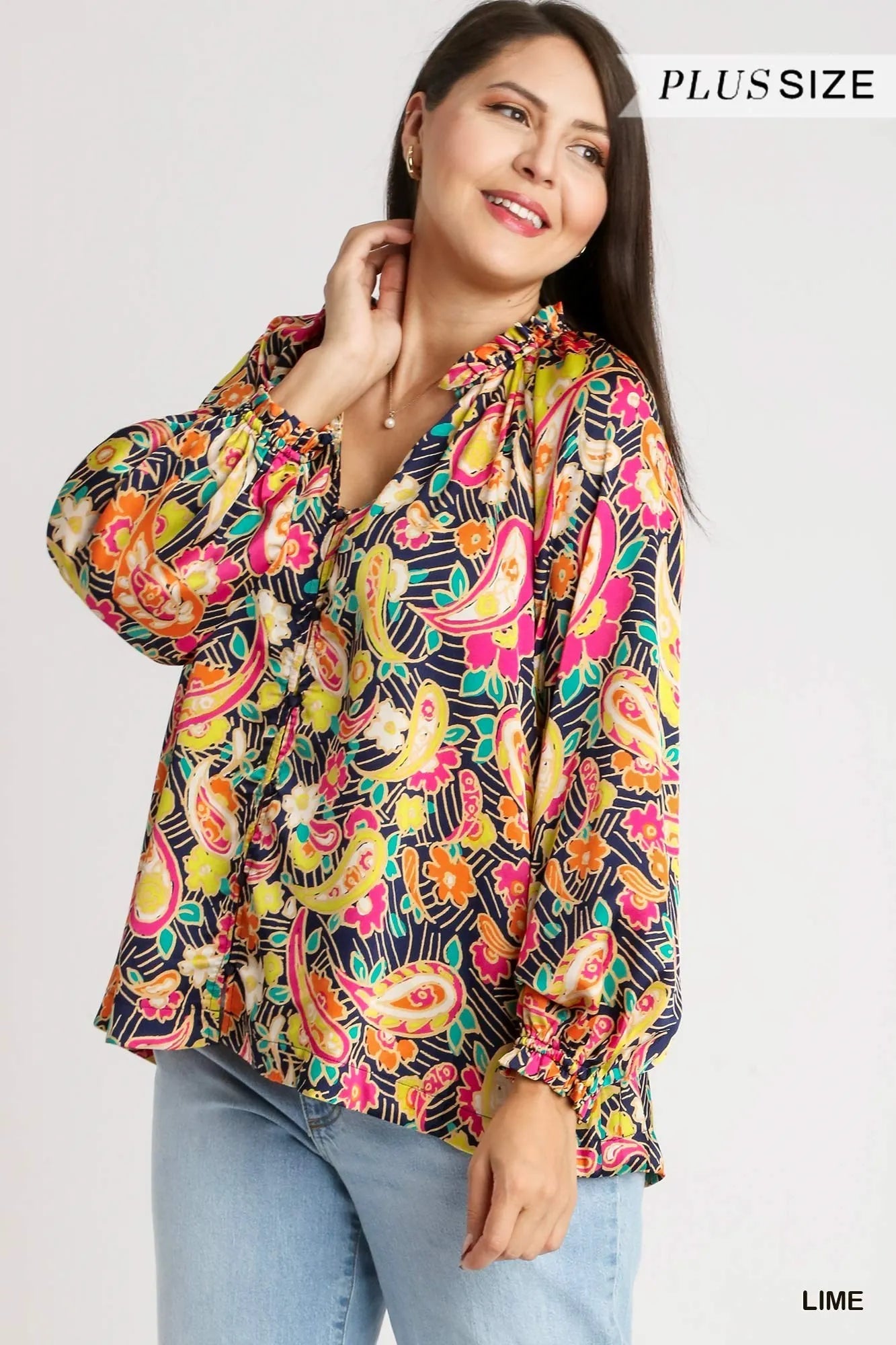 Umgee Lime Satin Paisley Floral Ruffle Neck Button-Up Shirt