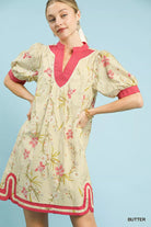 Umgee Butter Floral Puff Sleeve Dress with Contrast Trim