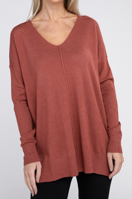 Zenana Garment Dyed Front Seam Side Slit Sweater H RUST ZENANA