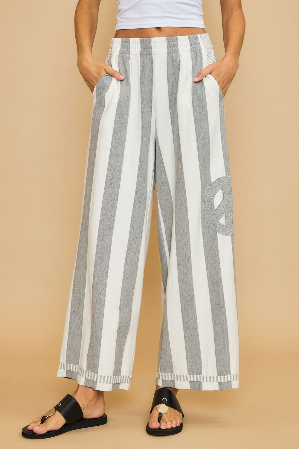 Umgee Peace Gray Sign Patch Striped Wide Leg Pants Gray