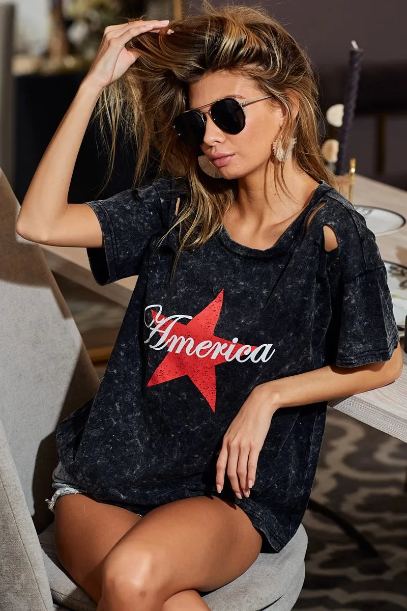 BiBi Laser Cut Mineral Washed Jersey Top with America in Black Charcoal BLACK CHARCOAL