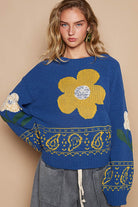 POL Blue Flower Lace Patch Long Sleeve Sweater Blue Shirts & Tops