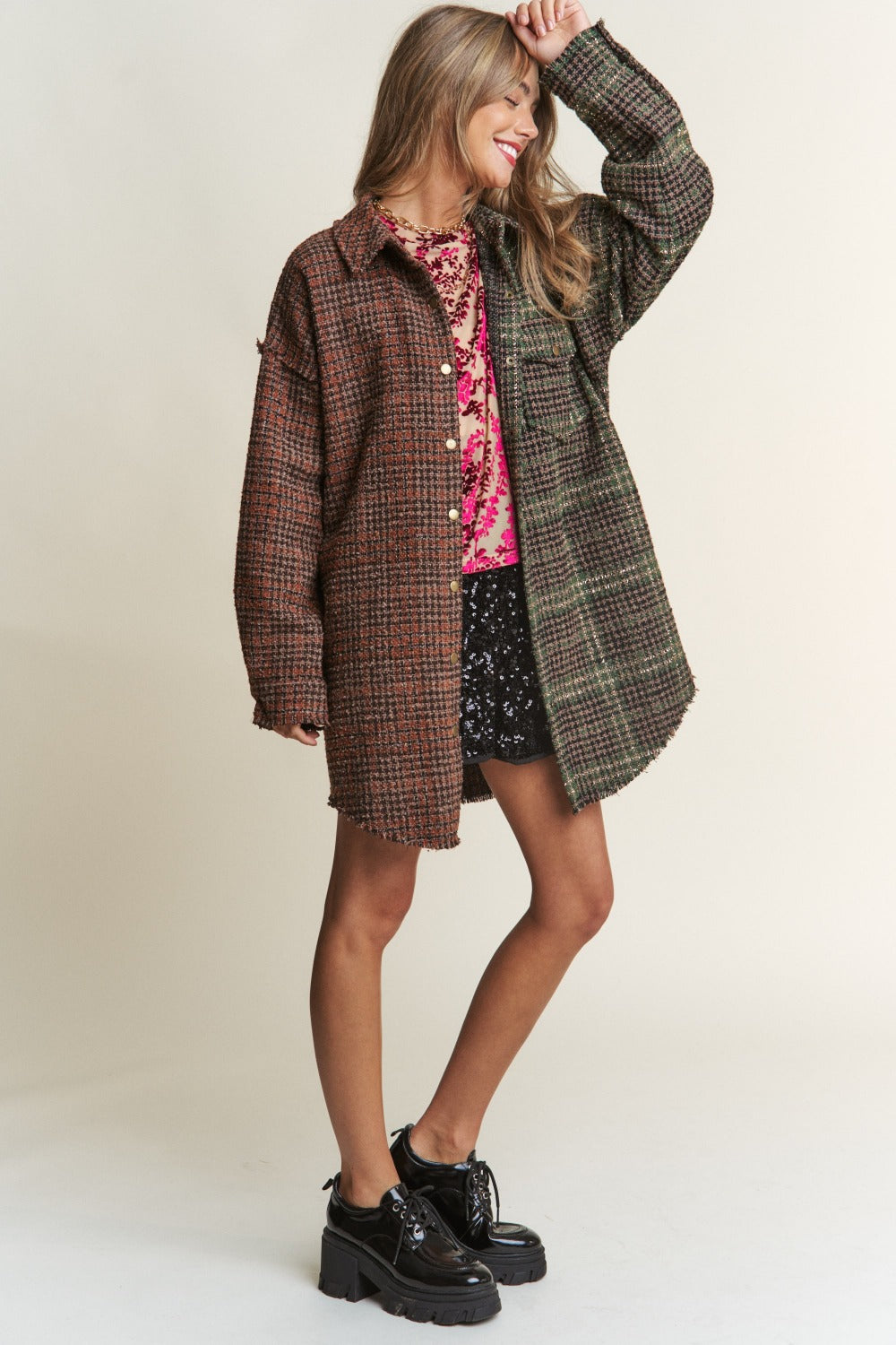 J.NNA Snap Down Tweed Plaid Contrast Longline Shacket Trendsi