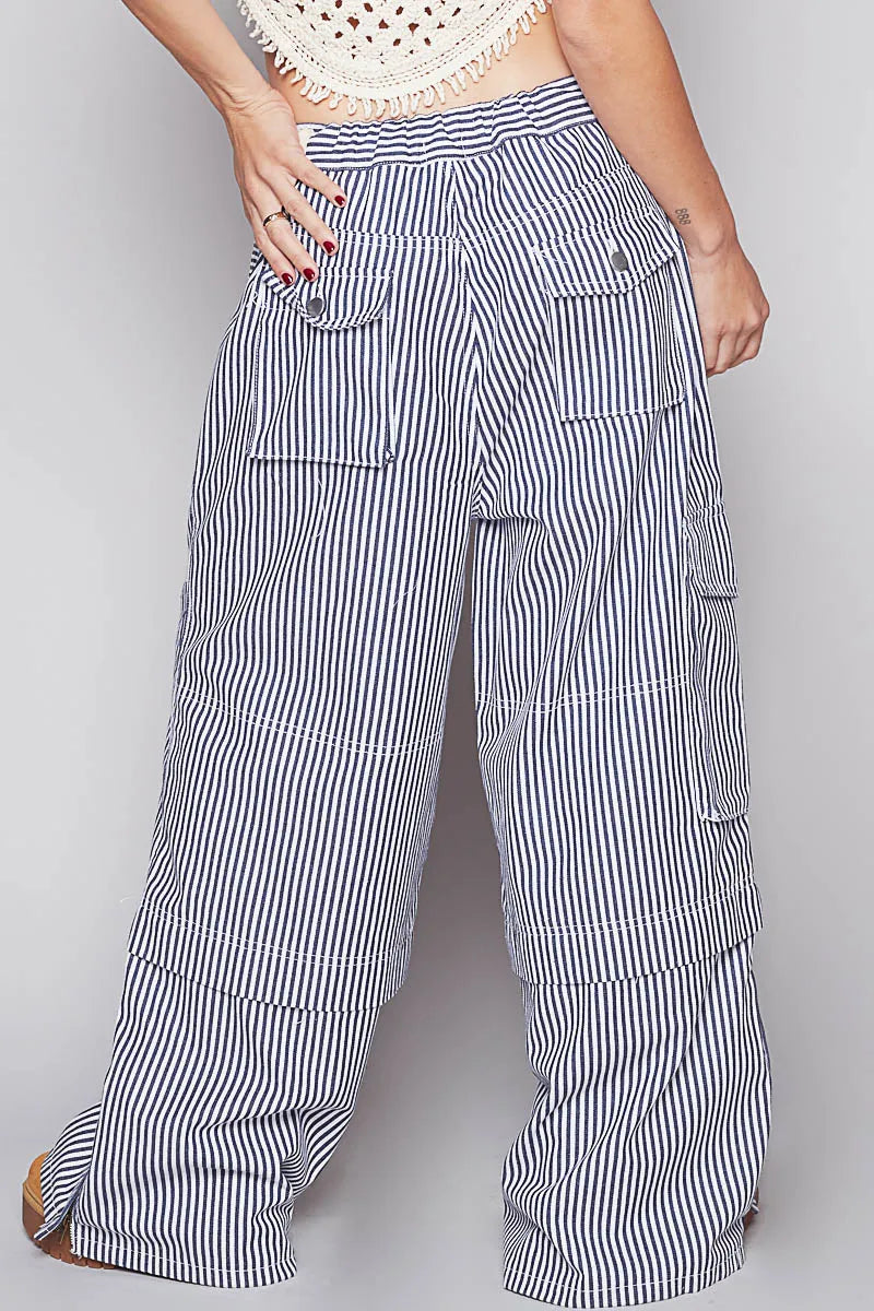 POL Denim Striped Lace Drawstring Pants with Cargo Pockets