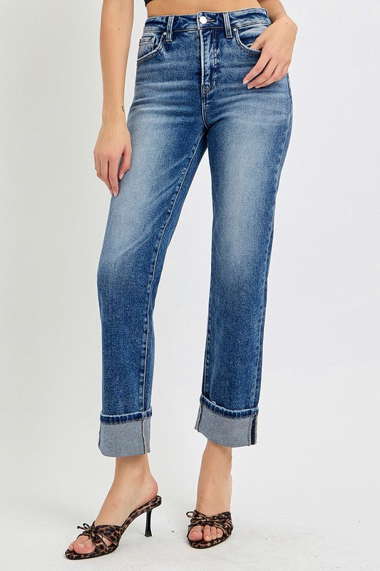 RISEN High Rise Crop Straight Roll Up Jeans Dark