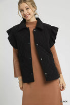 Umgee Black Corduroy Quilted Ruffle Sleeve Vest Black