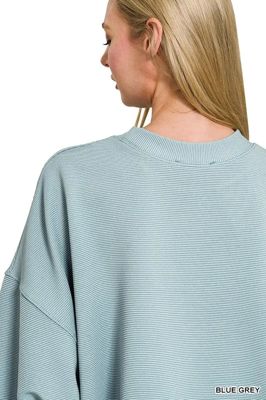 Zenana Blue Grey Ribbed Balloon Sleeve Sweatshirt