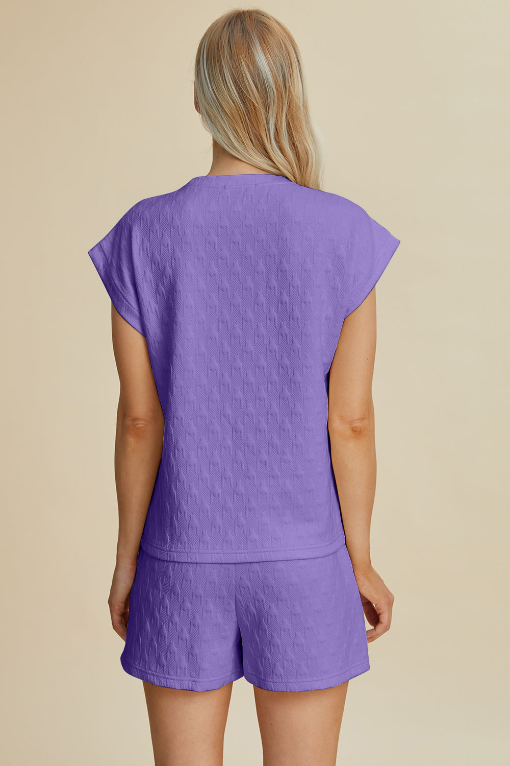 Double Take Lavender Triangle Textured Round Neck Top and Shorts Set Trendsi