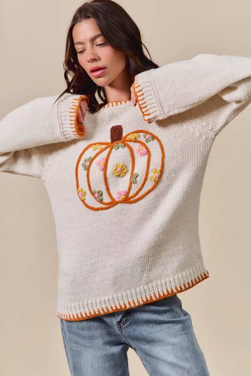 SO ME Pumpkin Floral Embroidered Thanksgiving Sweater