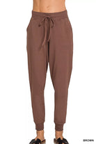 Zenana Brown Drawstring Cotton Joggers with Pockets BROWN