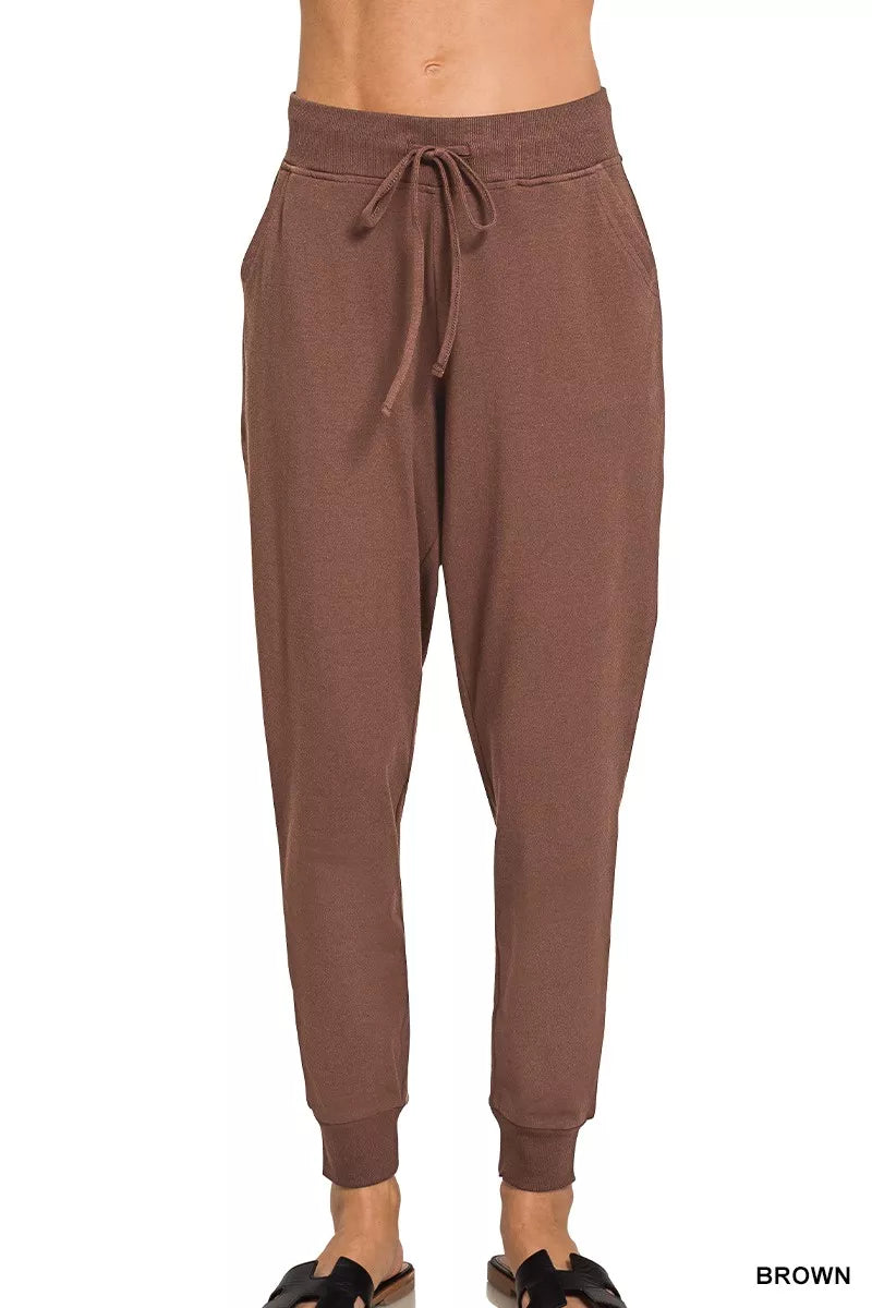 Zenana Brown Drawstring Cotton Joggers with Pockets BROWN