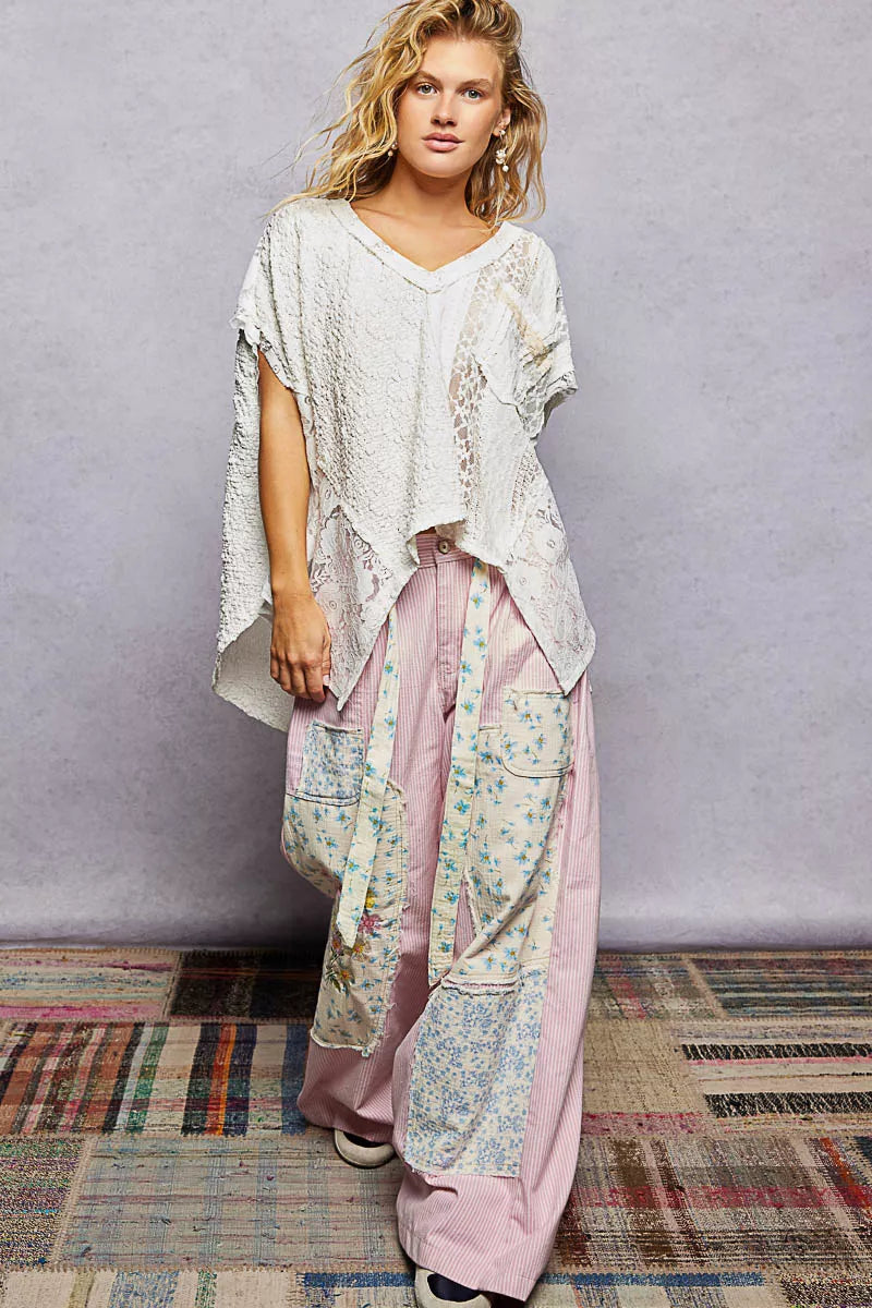 POL Off White Asymmetrical V-Neck Short Sleeve Lace Top