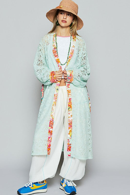 POL Pale Mint Floral Trim Lace Open Front Longline Cardigan PALE MINT