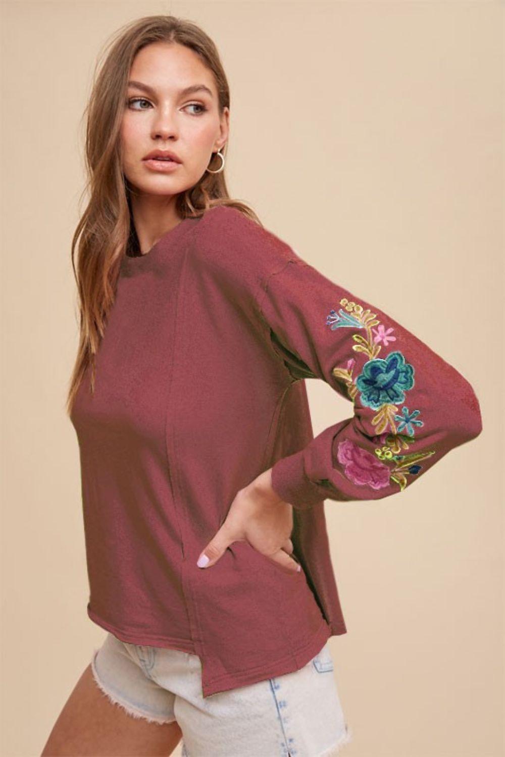 Annie Wear Burgundy Embroidered Long Sleeve French Terry Top Burgundy