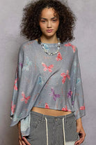 POL Heather Grey Butterflies Pattern Round Neck knit Top with Outseam Rolling Edge