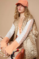POL Mocha Front Zipper Floral Pattern Quilted Vest Coat with Front Pockets