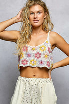 POL Handmade Granny Pattern Crochet Cami with Scalloped Strap PINK MULTI One Size