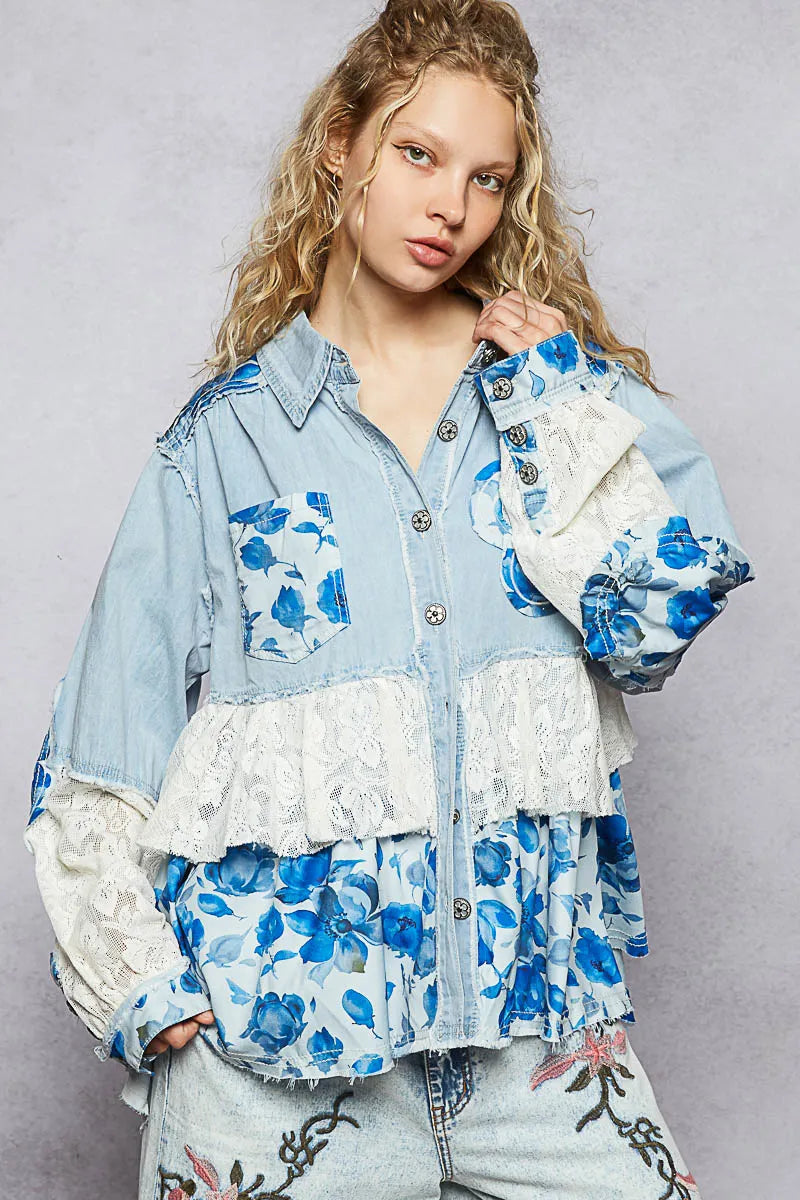 POL Floral Patchwork Denim Shirt with Lace Trim Details DENIM