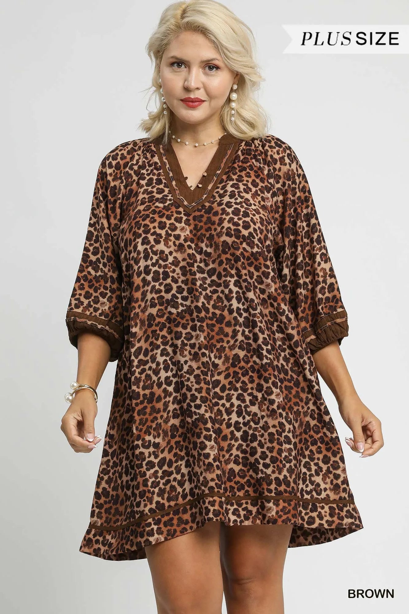 Umgee Brown Leopard Print Mini Dress with Contrast Trim