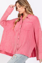 SAGE + FIG Cardiff Pink Oversized Frayed Hem Side Slit Button Down Shirt