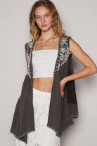 POL Charcoal Embroidered Pearls Open Front Sleeveless Cardigan Charcoal