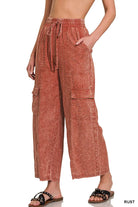 Zenana Rust Washed Linen Elastic Band Waist Cargo Pants