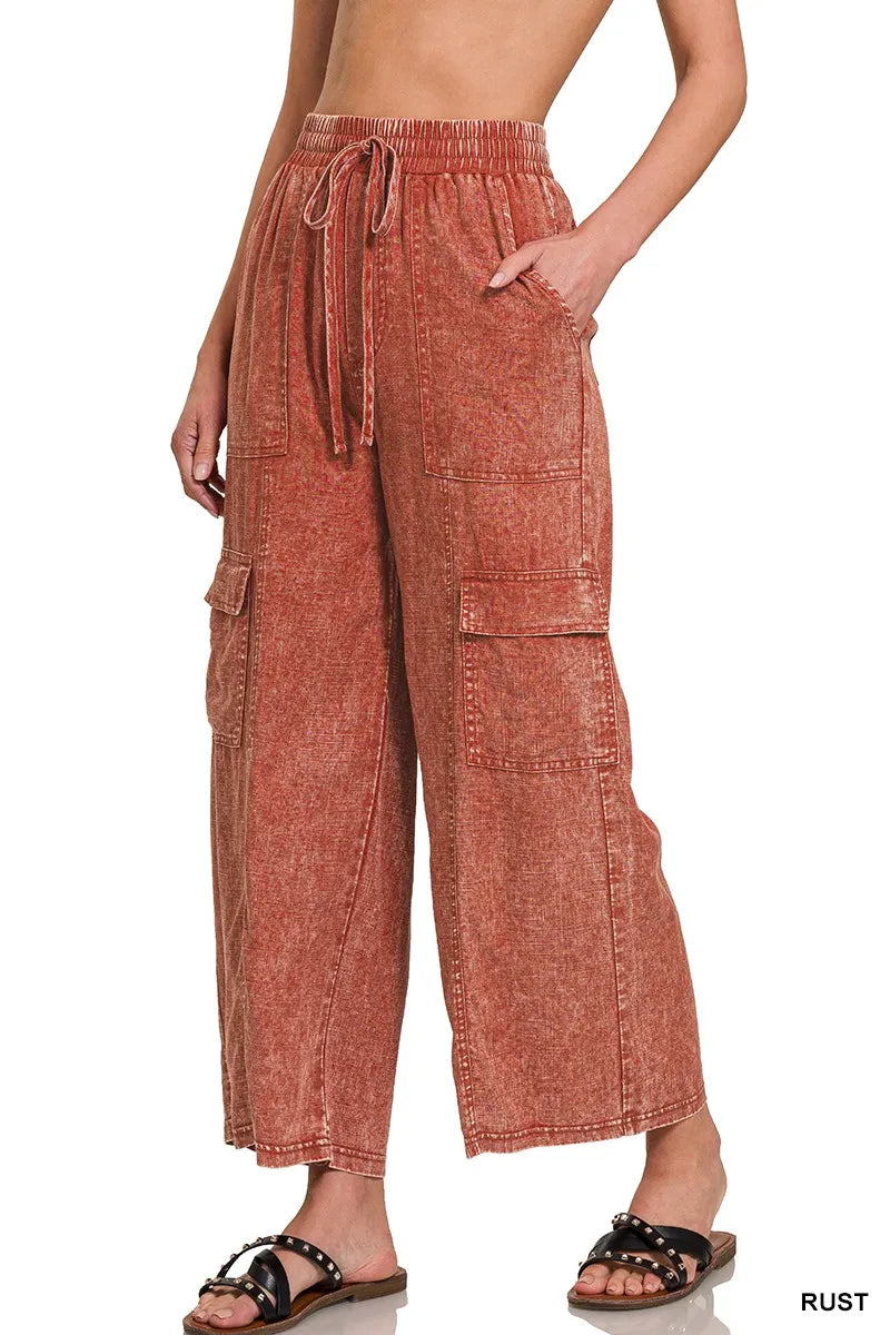 Zenana Rust Washed Linen Elastic Band Waist Cargo Pants
