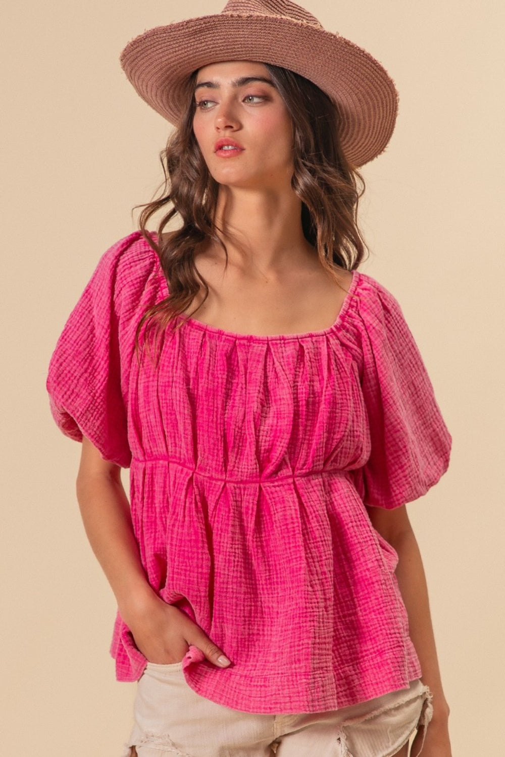 BiBi Fuchsia Crinkle Gauze Pleated Puff Sleeve Washed Blouse Fuchsia Trendsi