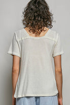 POL Natural Lace Detail V-Neck Short Sleeve Textured T-Shirt