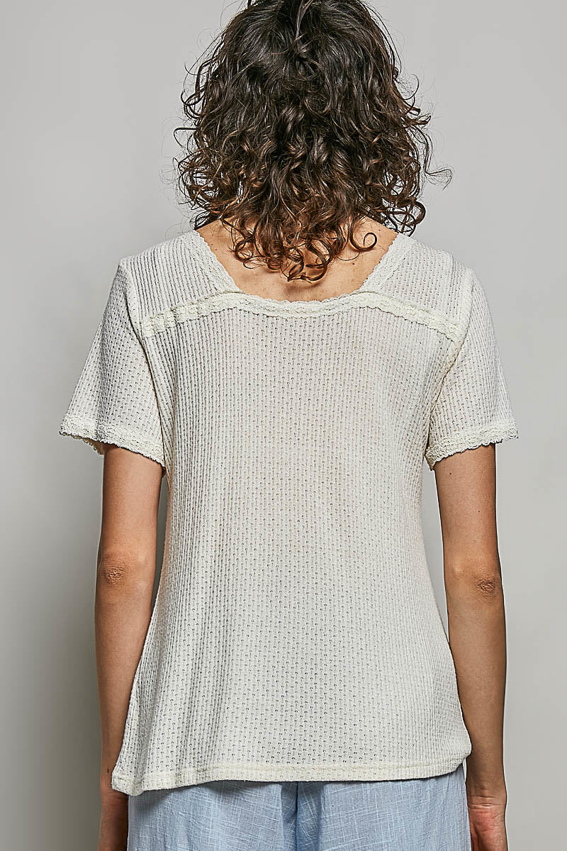 POL Natural Lace Detail V-Neck Short Sleeve Textured T-Shirt