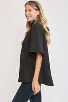 Umgee Bow Tie Back Mock Neck Half Sleeve Blouse in Black Shirts & Tops