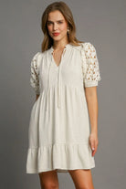 Umgee Oatmeal Ruffled Hem Heart Lace Sleeve Tie Neck Dress Oatmeal
