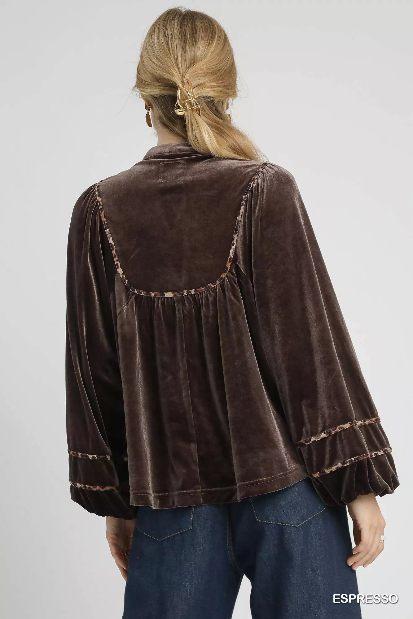 Umgee Espresso Velvet Long Sleeve Blouse with Leopard Contrast Trim