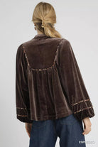Umgee Espresso Velvet Long Sleeve Blouse with Leopard Contrast Trim