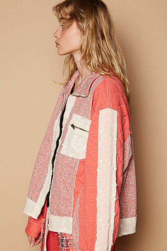 POL Coral Floral Patchwork Zip Up Long Sleeve Jacket Coats & Jackets