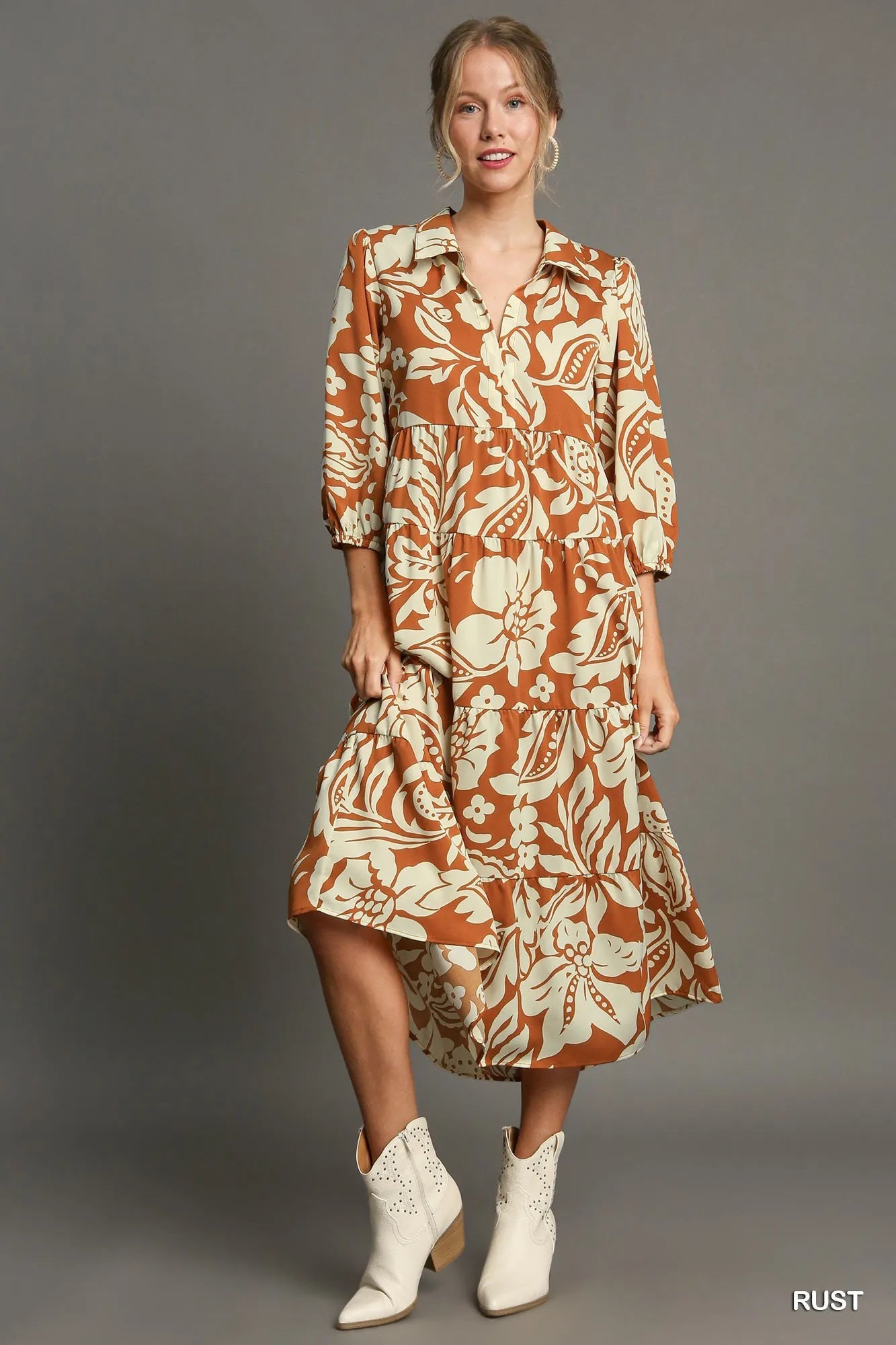 Umgee Rust Floral Tiered Midi Dress Rust